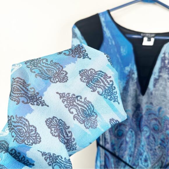 CITRON Silk Blouse Womens Large Handkerchief Hem Blue Flowy Long Sleeves - Picture 5 of 8